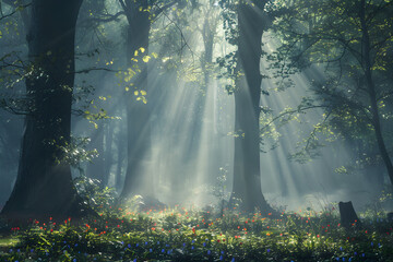 Sunlit Forest Morning: Mystical Beauty of Nature with Ancient Trees and Lush Canopy