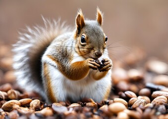 Fototapeta premium Young squirrel with seeds on a white background.