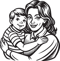 mother and son silhouette black and white illustration 