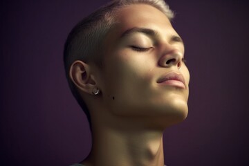 profile shot of beautiful young man with closed eyes, shot on studio