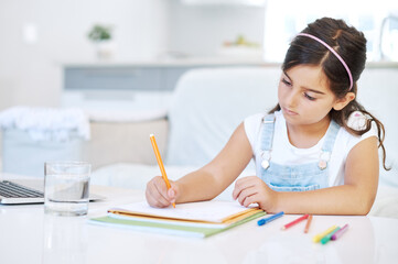 Drawing, learning and kid by desk in home for child development, homework and knowledge. Creative,...
