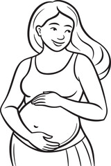 pregnant woman holding her belly black and white illustration