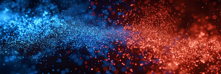 Dynamic collision of red and blue particles creating a vibrant and energetic visual effect in a digital space with glowing bokeh lights against a dark background
