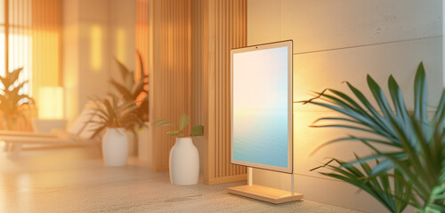 Calming spa retreat with a digital signage mockup in a serene relaxation area, promoting wellness and peace.
