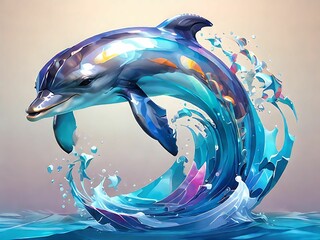 Generate a holographic representation of a dolphin surfing a wave, abstracted into dynamic...