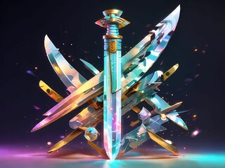 Create a holographic representation of a samurai sword, abstracted into dynamic geometric forms and patterns that capture the sleek design and cultural significance.