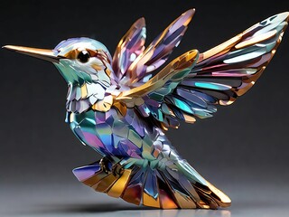 Sculpt a holographic representation of a hummingbird hovering, abstracted into dynamic geometric forms and patterns that capture the rapid wing movements and iridescent colors.