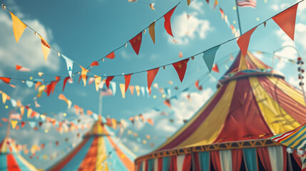 Vibrant circus tents with waving flags in close-up view