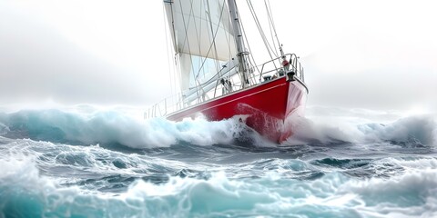 Obraz premium Navigating through rough waters: A sailing ship battles turbulent seas in a storm. Concept Adventure, Sailing, Storm, Navigation, Challenge