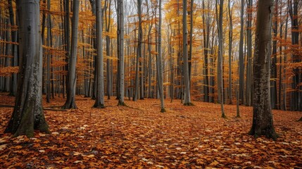 Autumn forest showcasing brown tree leaves