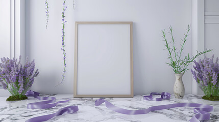 Modern empty room 3D render with a blank picture frame, lavender ribbons, and a marble floor. Ultra high definition mockup.