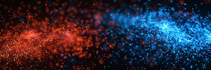 Fototapeta premium Dynamic collision of red and blue particles creating a vibrant and energetic visual effect in a digital space with glowing bokeh lights against a dark background 