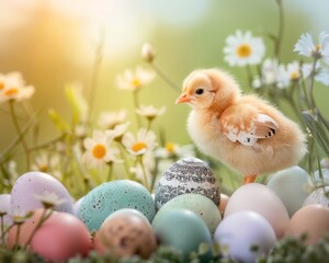 Little chicks hatching from colorful eggs in a spring garden, Fresh, Pastel colors