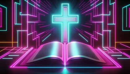 Christian Cross with Bible - Symbol of Christianity - Enlightening by Reading the Bible - Book of Christians - Cross symbol - Crucifixion of Jesus Christ - Holy Rays - Blessing from Above