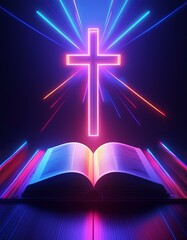 Christian Cross with Bible - Symbol of Christianity - Enlightening by Reading the Bible - Book of Christians - Cross symbol - Crucifixion of Jesus Christ - Holy Rays - Blessing from Above