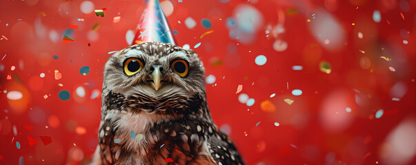 A cute owl wearing a party hat with a colorful confetti-filled background, celebrating a festive occasion with joy and excitement.