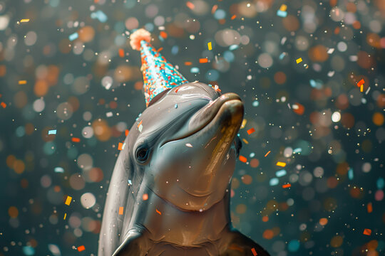 A playful dolphin wearing a party hat surrounded by colorful confetti, celebrating and having fun.