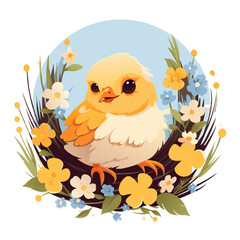 Cute yellow bird in nest with flowers. Chick children character. Symbol spring. Cartoon illustration