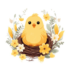Cute yellow bird in nest with flowers. Chick children character. Symbol spring. Cartoon illustration
