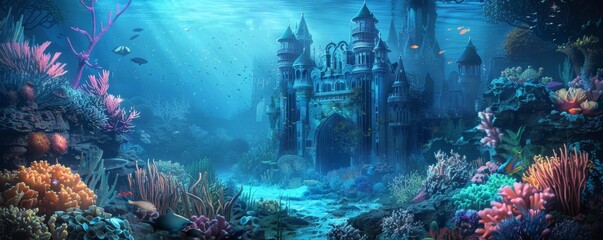 Majestic underwater castle, glowing marine flora, ethereal mermaids in flowing robes, vibrant coral reefs, oil painting style, twilight hues, soft light, dreamy ambiance