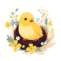 Cute yellow bird in nest with flowers. Chick children character. Symbol spring. Cartoon illustration