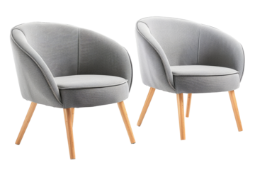 Two classic armchairs art deco style in gray velvet with wooden legs isolated on white background with clipping path. Series of furniture