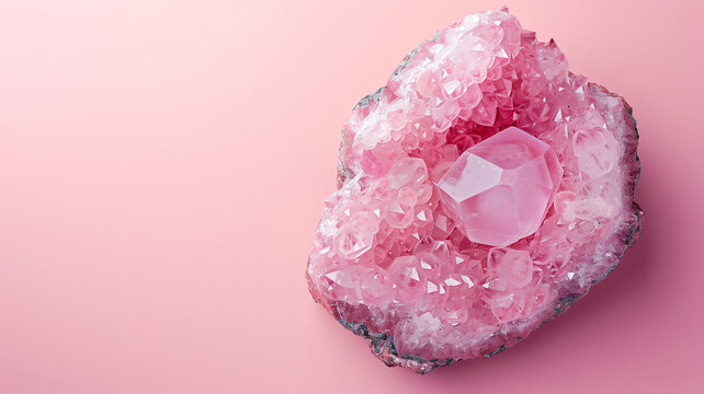 Close-up of a pink geode crystal with intricate formations on a matching pink background. Ideal for nature, geology, and mineral themes.
