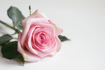 Pink Rose With Green Leaves on White Background