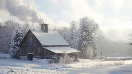 Serene winter scene captures a snow-covered barn with smoke swirling from its chimney against a soft morning light