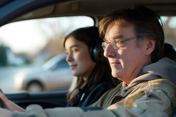 Focused teenager sits beside a cautious parent during a sunny day driving lesson, both displaying mixed feelings of concentration and concern