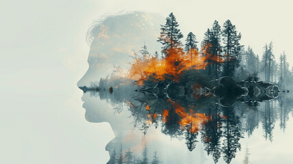 Double exposure of a side profile silhouette and a forest landscape with trees reflected in a calm lake during autumn.