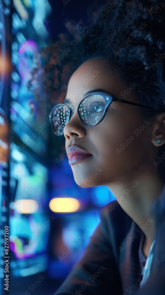 Poster professional female data scientist intently examines complex data in a hightech environment with dig