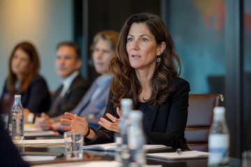 Experienced female leader conducts a boardroom meeting with professionalism and poise, engaging colleagues in a strategic business discussion