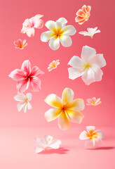 Various exotic flowers with floating petals on a pink background. Featuring plumeria, pink frangipani and hibiscus.