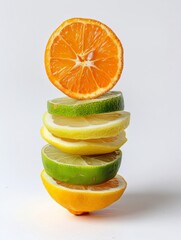 Vibrant Citrus Fruit Stack: Fresh Orange, Lime, Lemon Slices in Perfect Balance on White Background