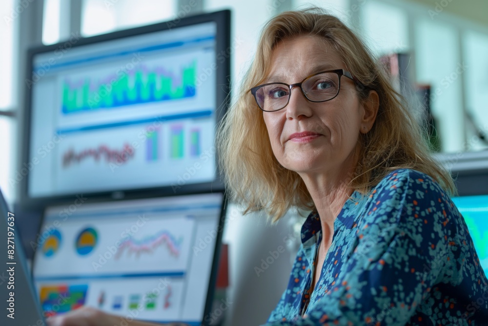 Poster Professional senior female data analyst focused on interpreting complex data on her computer screens in a modern office setting