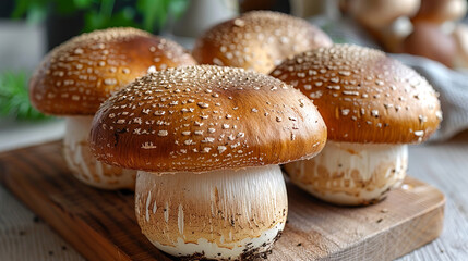 Obraz premium fir mushrooms ready for slicing and cooking on a wooden background
