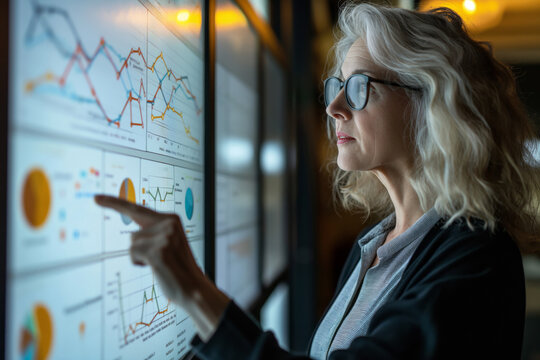 Focused senior female data analyst examines complex data visualizations on a digital screen in a modern office environment