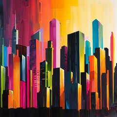 Modern city skyline at sunset, vibrant colors and sleek buildings, perfect for an urban apartment
