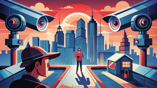 Futuristic City Surveillance at Sunset with Observer and Cameras