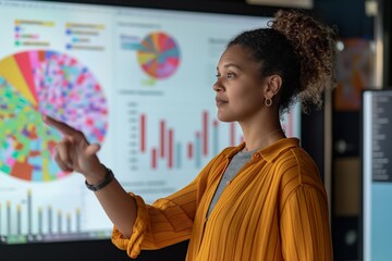 Senior woman data scientist engages audience with analytics presentation, pointing at colorful charts on a digital screen in modern office