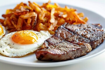 Delicious Steak and Eggs with French Fries