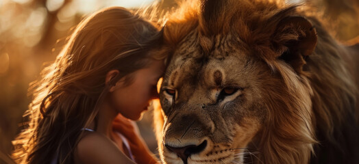 Lion tamers with majestic lions, close-up blurry background