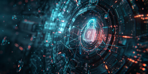 Obraz premium green digital padlock on a futuristic circuit board with glowing lights representing advanced cyber security 