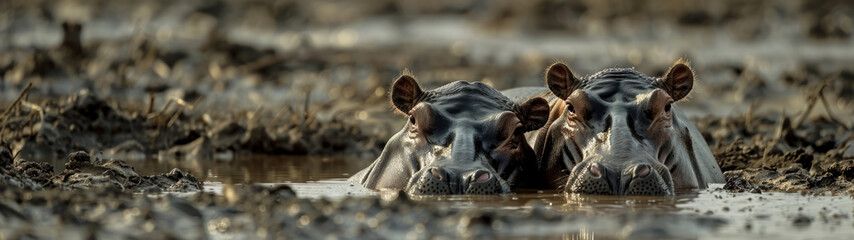 Hippos Wallowing in Muddy Waterhole Closeup, Blurry