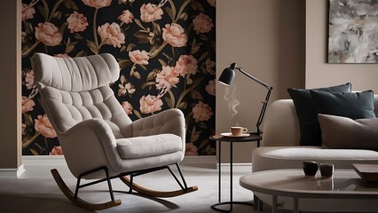 Comfortable rocking chair near wall with floral wallpaper space for text stylish living room interior