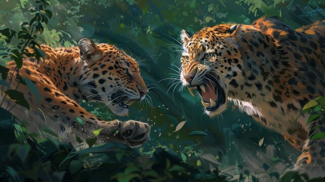 Two leopards fighting in the jungle