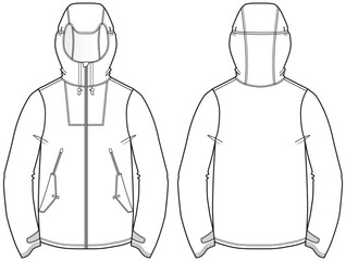 Hard shell Hoodie jacket design flat sketch Illustration, Protection Hooded jacket with front and back view, winter hoody jacket for Men and women. for hiker, outerwear in winter © Fathima Flats