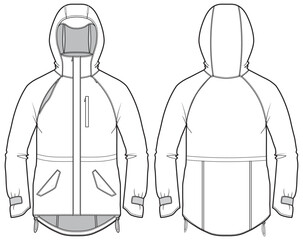 Long sleeve Anorak Hoodie jacket design flat sketch Illustration, Protection Hooded jacket with front and back view, winter hoody jacket for Men and women. for hiker, outerwear in winter © Fathima Flats