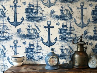 Nautical theme wallpaper, navy blues and whites with anchors, ships, and sea creatures, a classic maritime look, perfect for a coastal living room or beach house decor